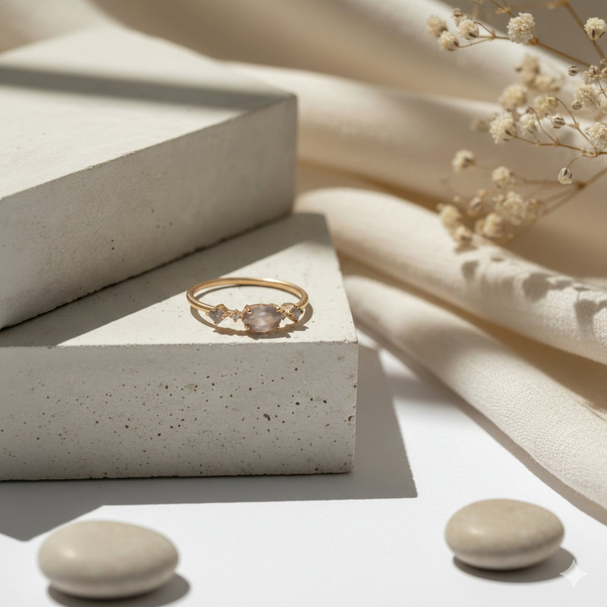 Anillo Nova de plata de ley 925 dorada con labradorita natural, sobre bloques de piedra clara