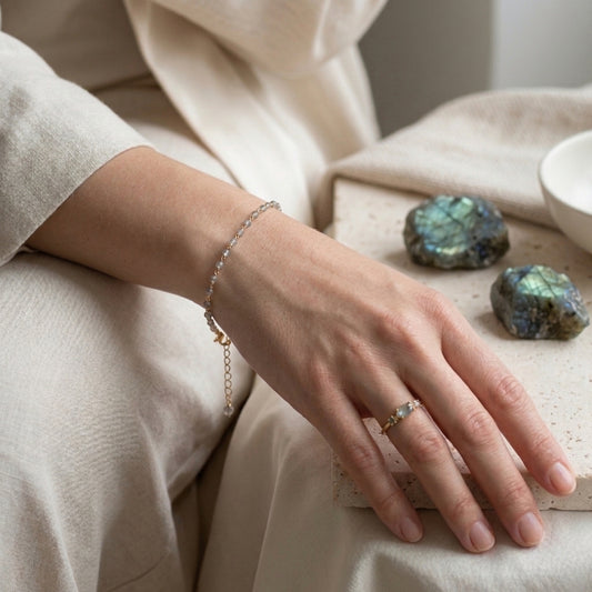 Set Protección Mineral puesto: la pulsera Gaia en la muñeca y el anillo Nova en el dedo