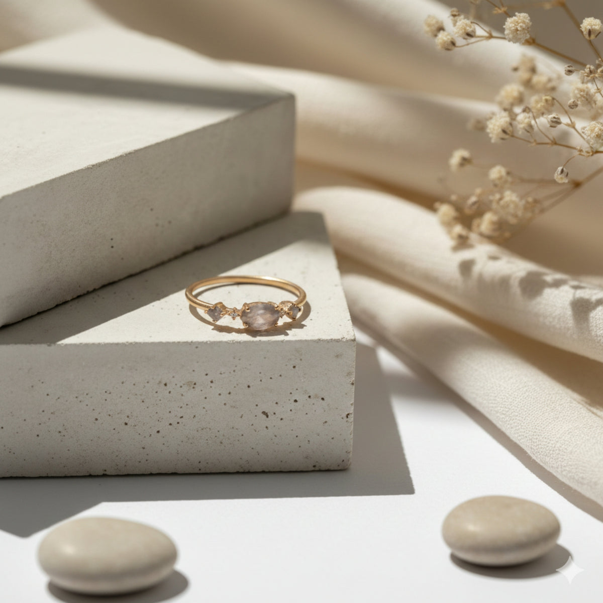 Anillo Nova de plata de ley 925 dorada con labradorita natural, sobre bloques de piedra clara