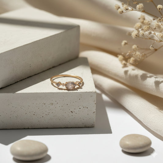 Anillo Nova de plata de ley 925 dorada con labradorita natural, sobre bloques de piedra clara