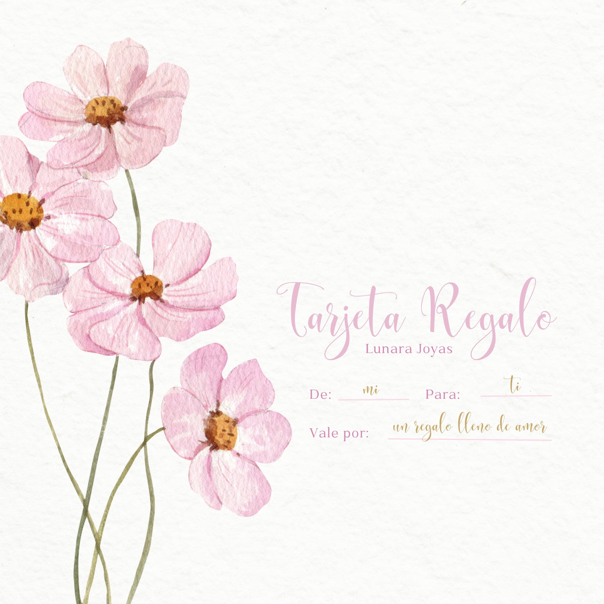 Tarjeta regalo de Lunara Joyas ilustrada con flores rosas, con espacio para escribir a mano